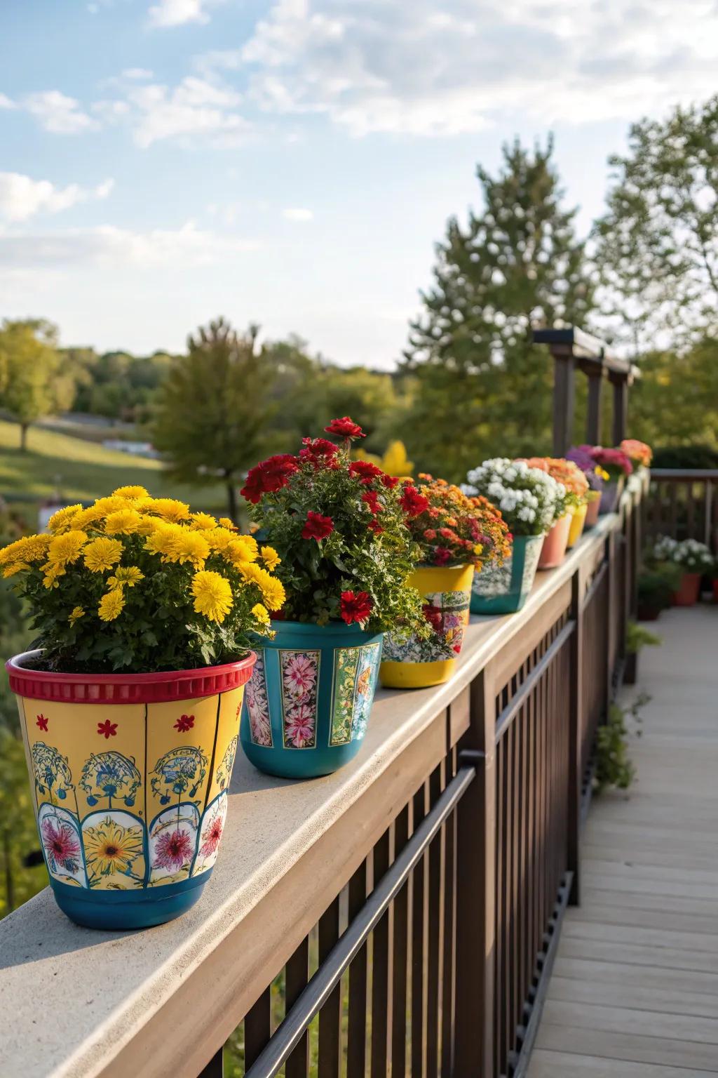 Ceramic pots bring vibrant color to deck railings