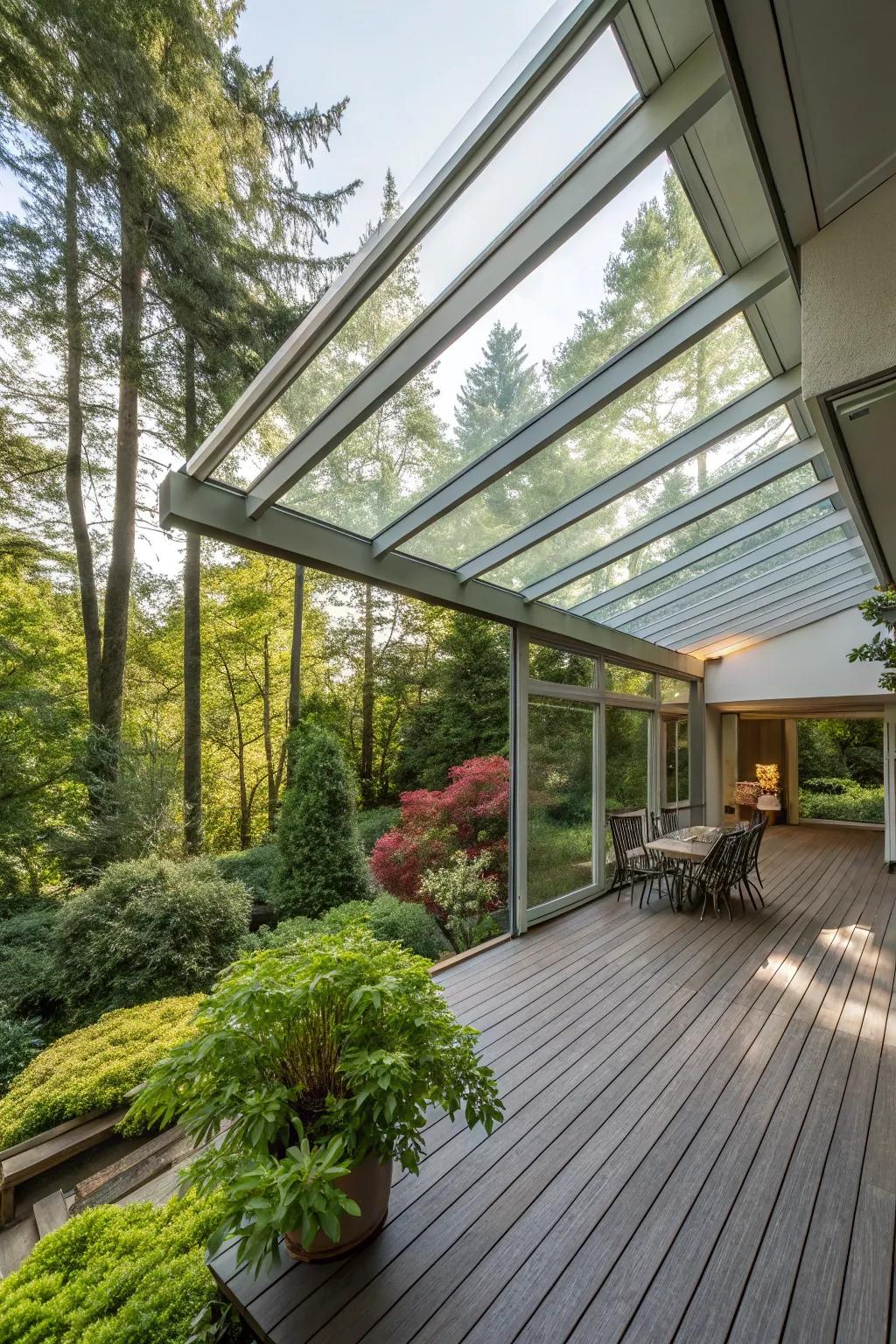 A glass roof provides all-weather enjoyment with plenty of natural light.