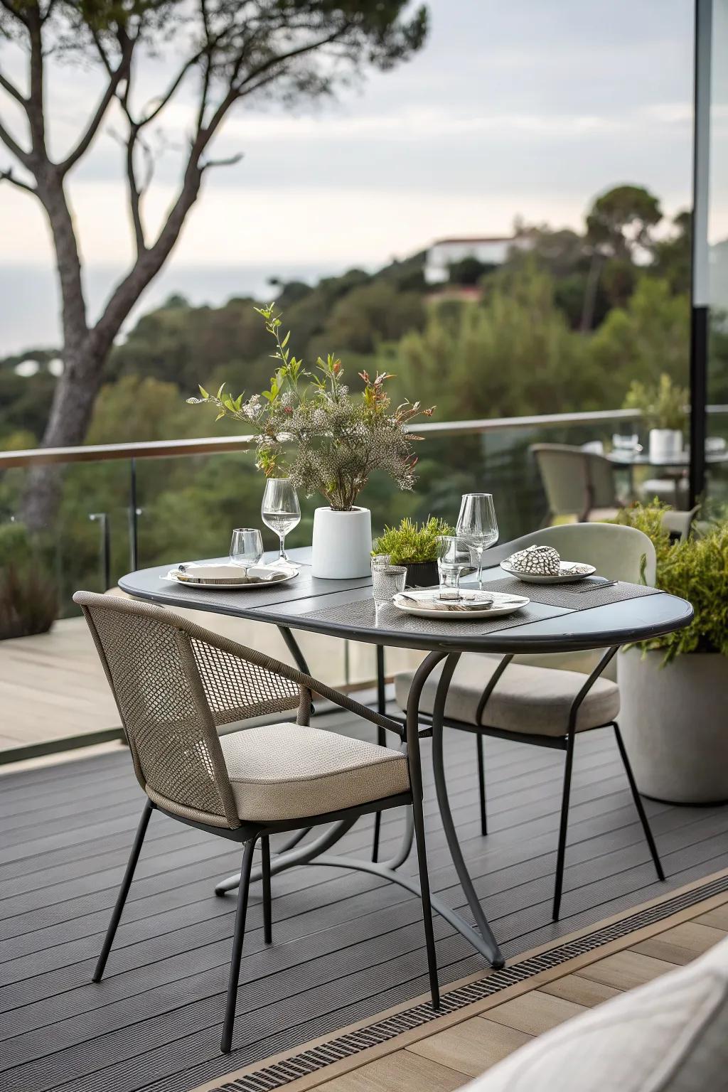 A modern dining set for a chic outdoor space.