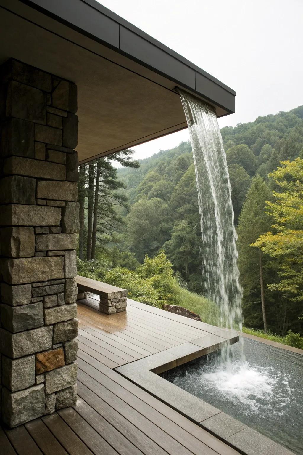 A modern sheer descent waterfall adds elegance to a minimalist deck.