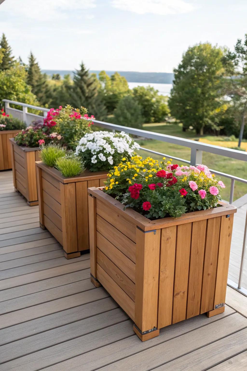 Wooden planters seamlessly blend with deck surfaces.