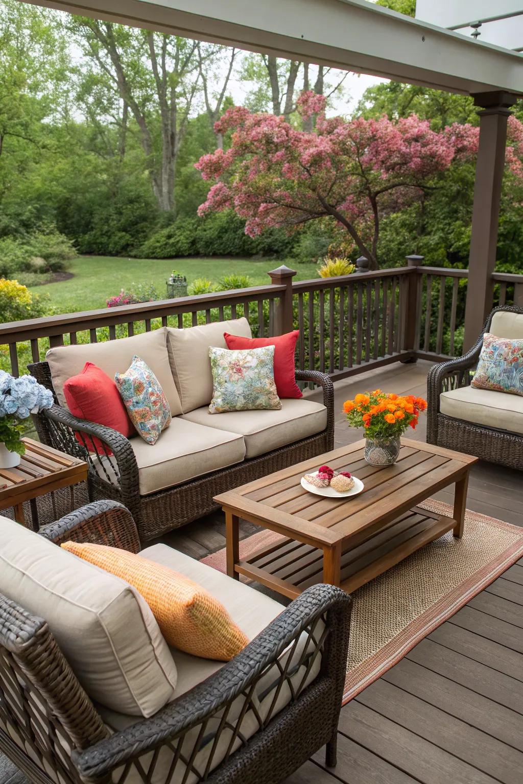 A cozy seating corner on the deck, perfect for morning coffee or evening chats.