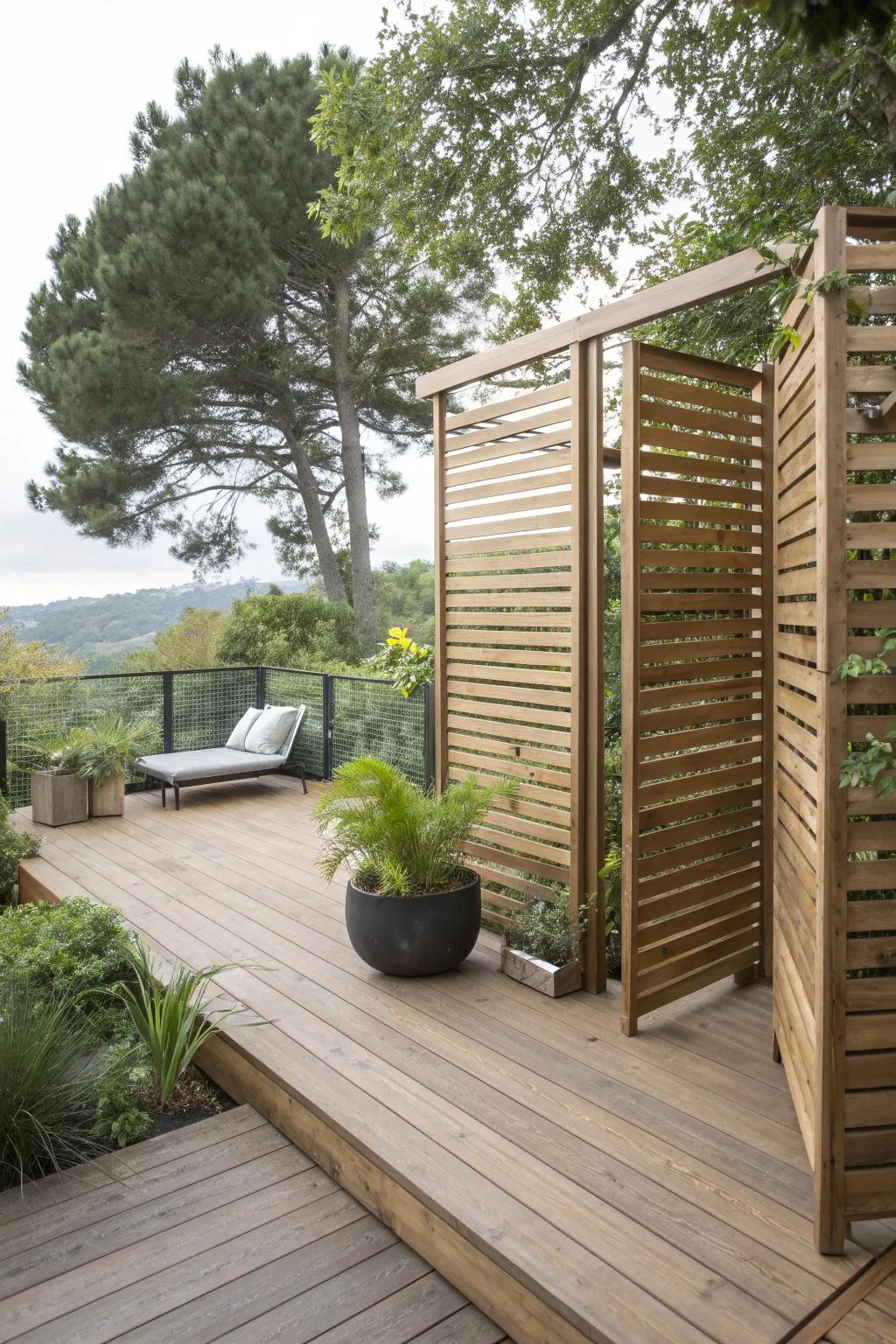 Wooden privacy screens offer style and privacy on the deck.