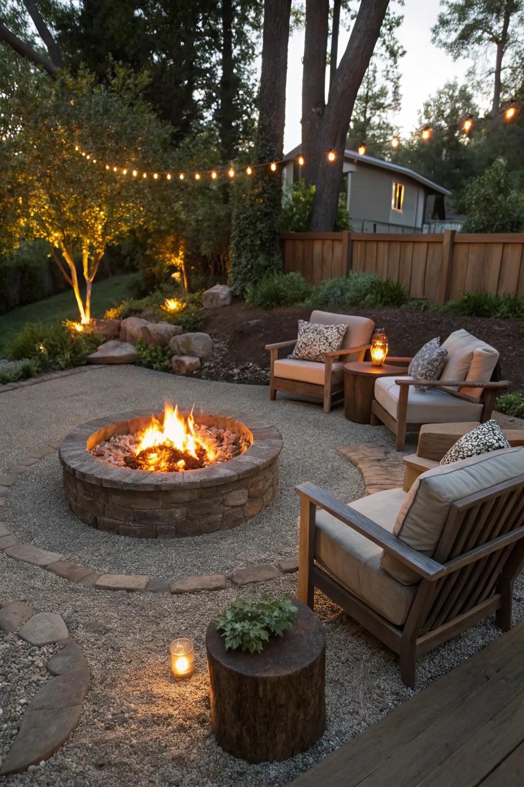 A fire pit creates a focal point for cozy evenings outdoors.