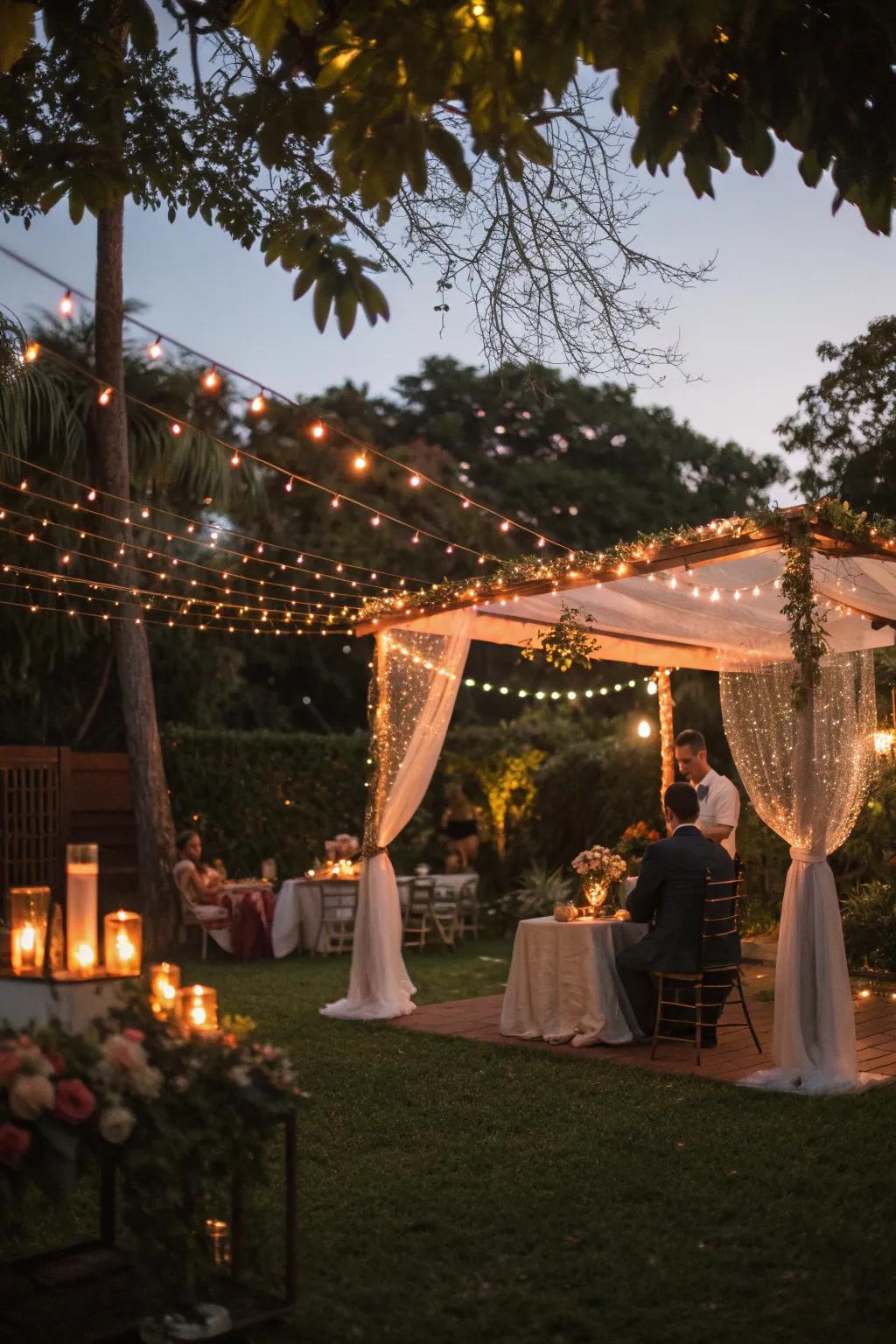 A fairy light canopy brings a touch of magic to your wedding evening.
