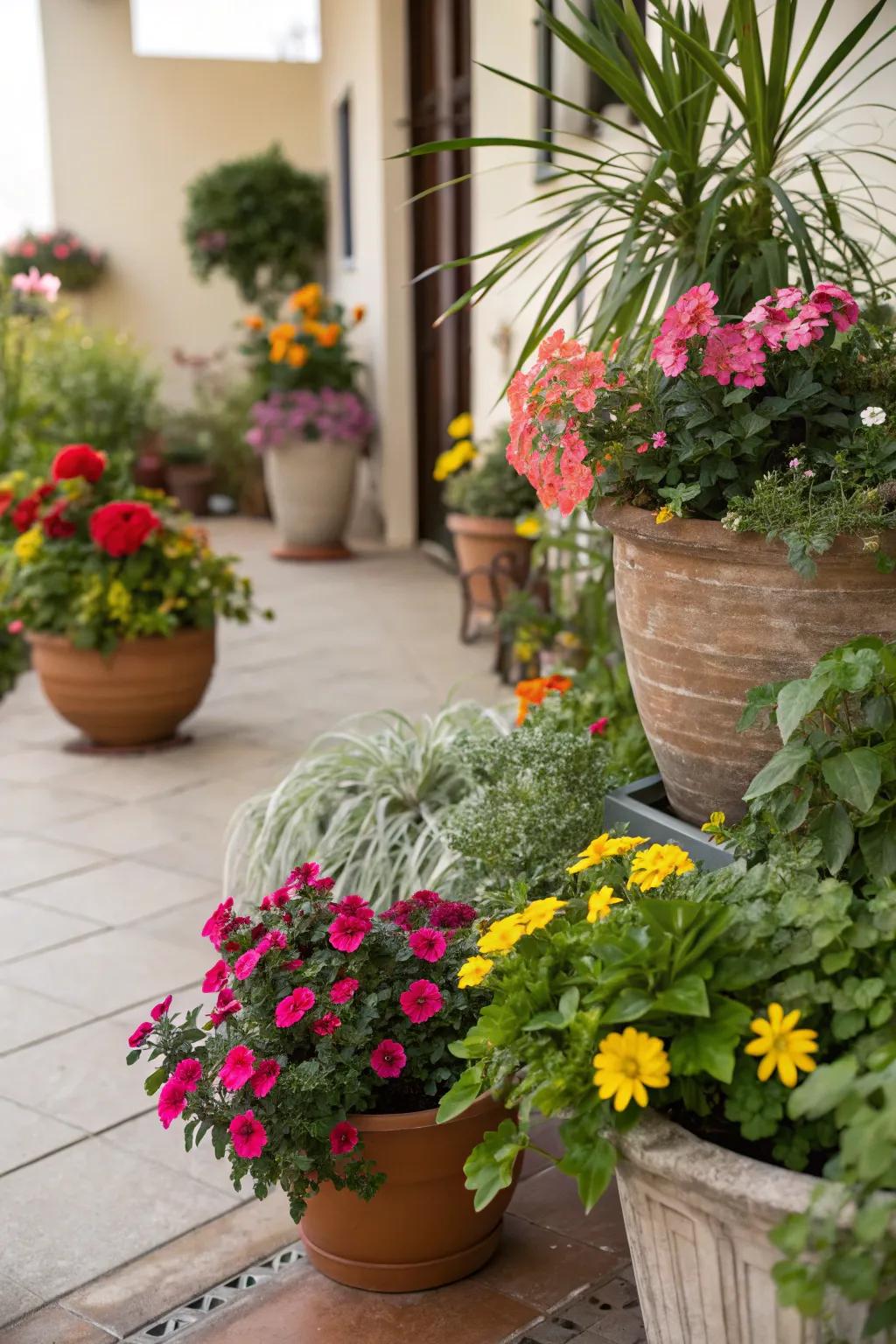 An eclectic mix of potted plants bringing vibrant colors to the patio.