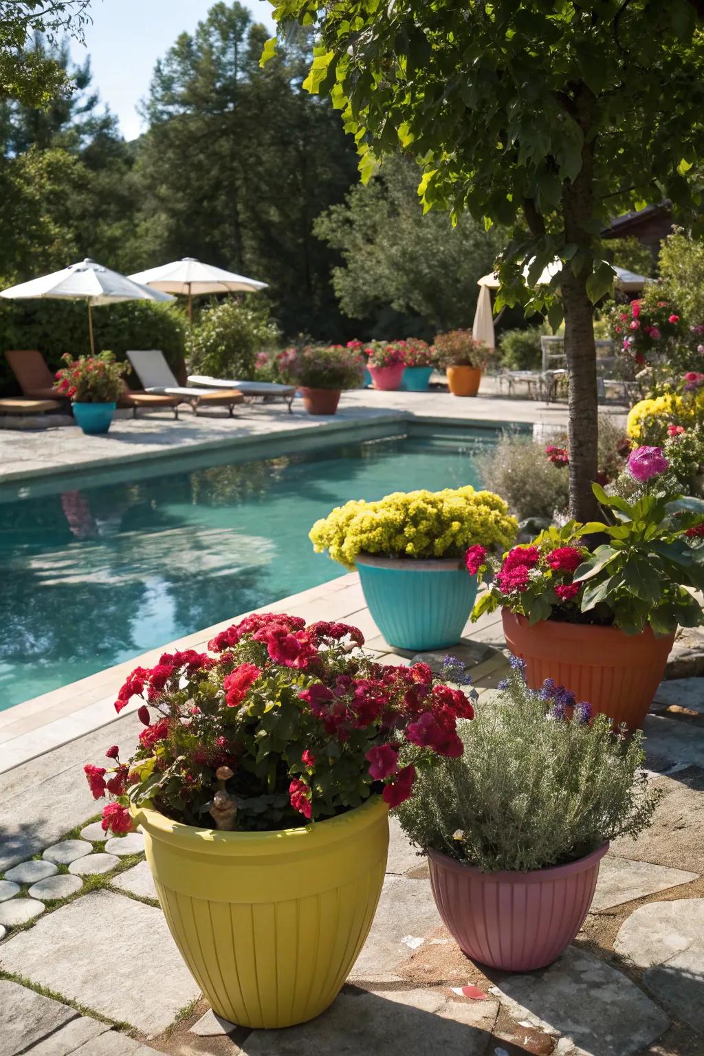 Lush potted plants add a touch of green to the pool area.