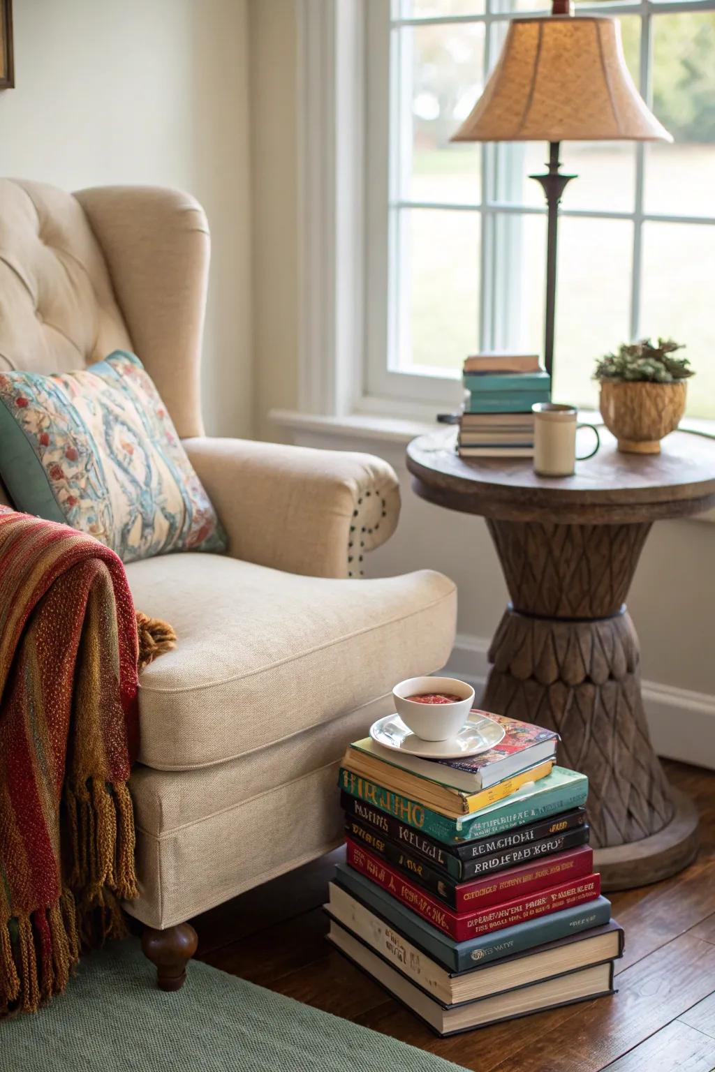 A reading nook where a garden stool serves as a perfect spot for books and a warm cup of tea.