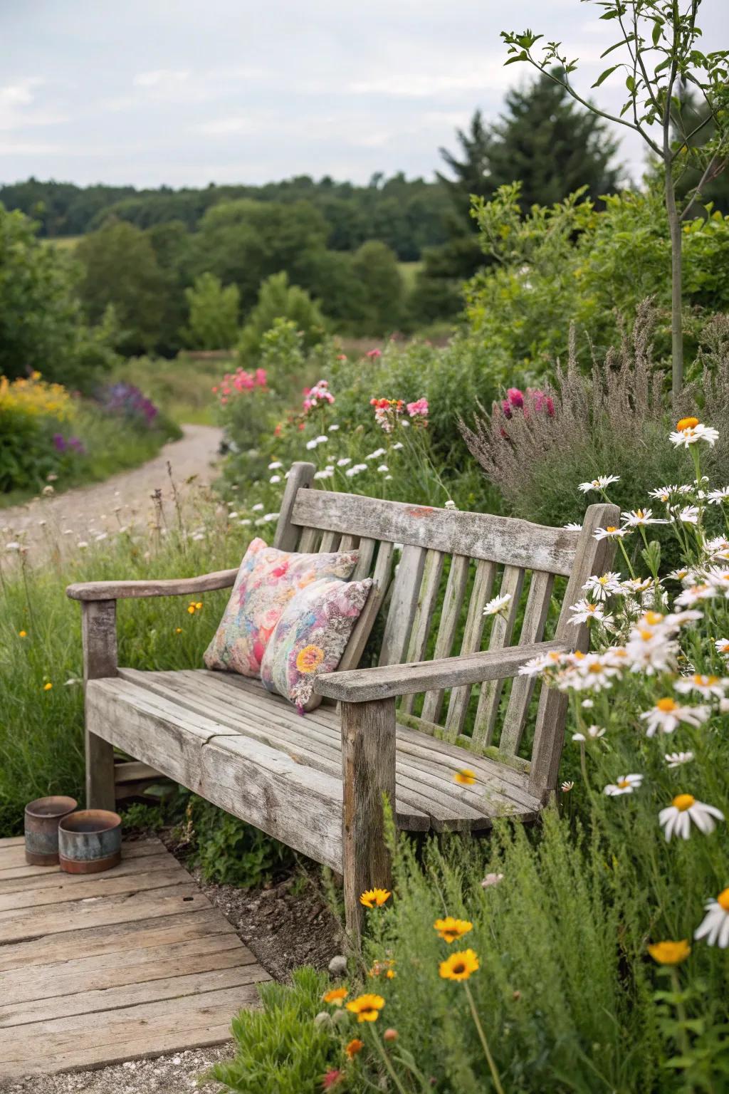 A rustic bench crafted from reclaimed wood nestled in a natural garden setting.