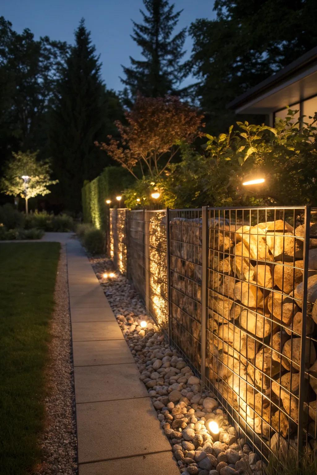 Warm LED lights bring this gabion fence to life at night, creating a cozy garden ambiance.