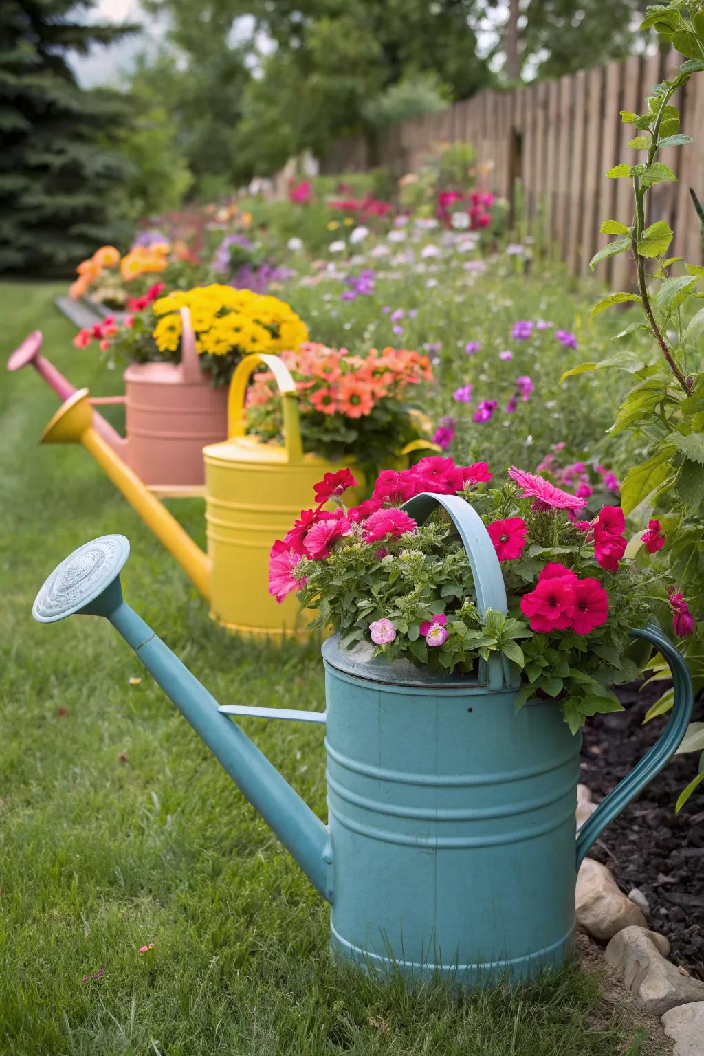 Brightly colored watering cans repurposed as charming garden planters.