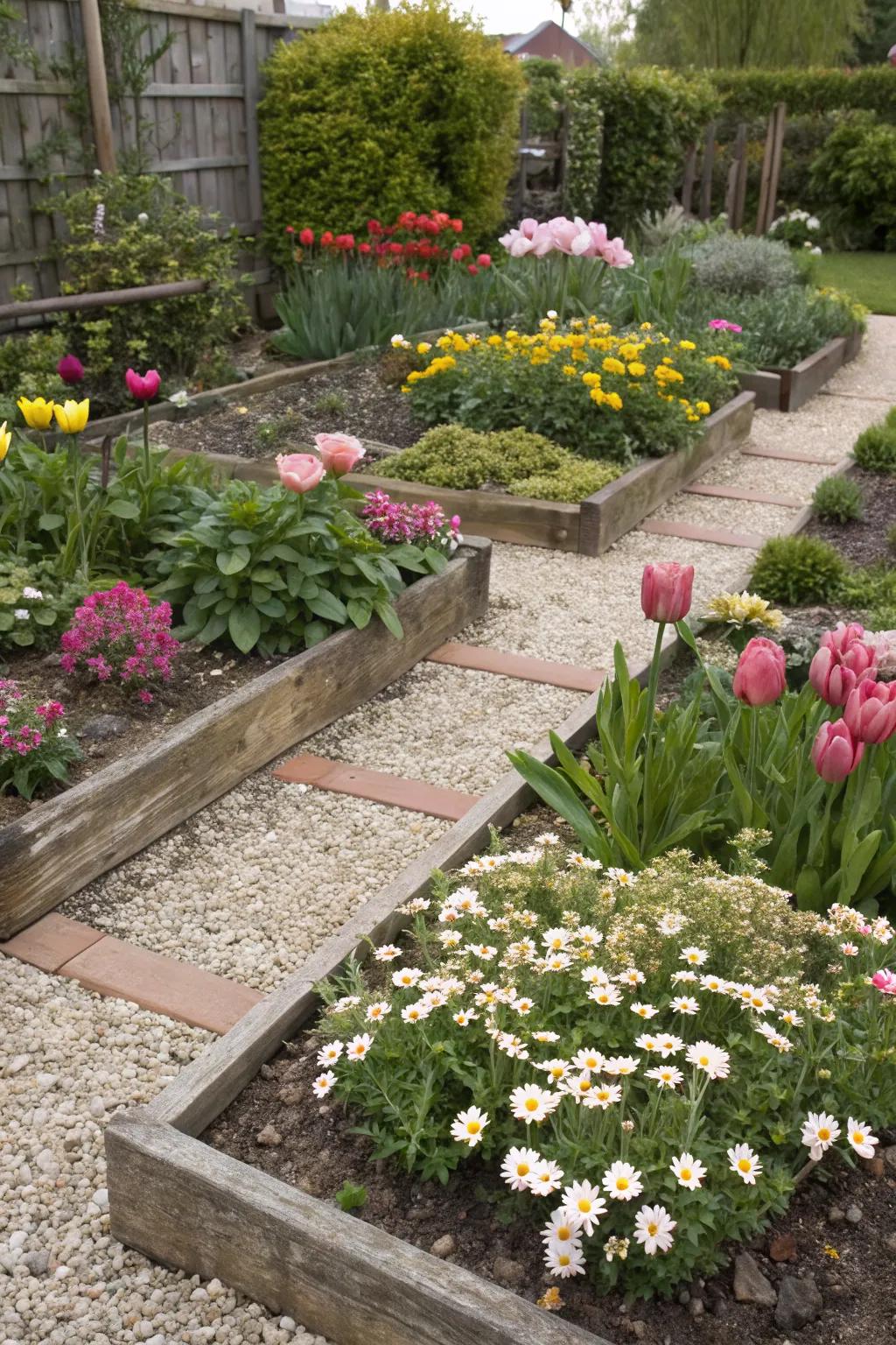 Garden beds with a gravel cover showcasing colorful blooms.