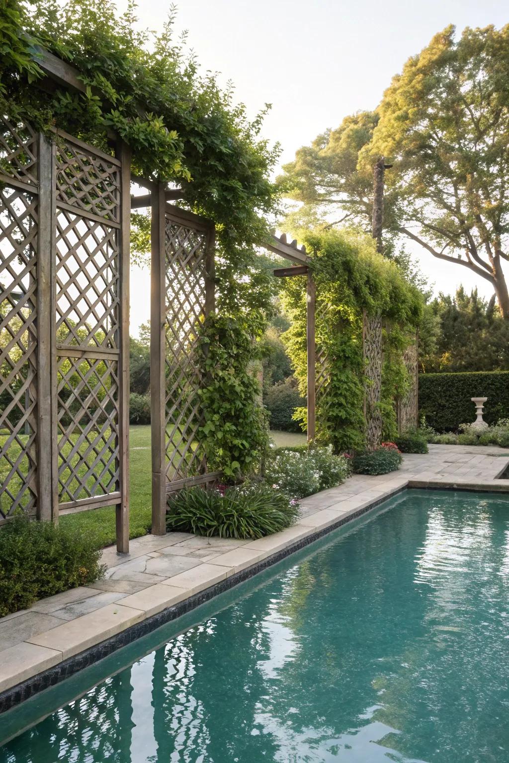 Lattice panels with climbing vines offer a living privacy solution.