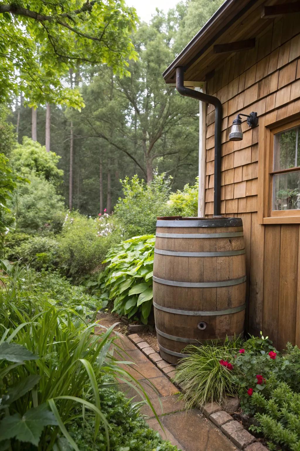 Rustic charm with a wooden-wrapped rain barrel.