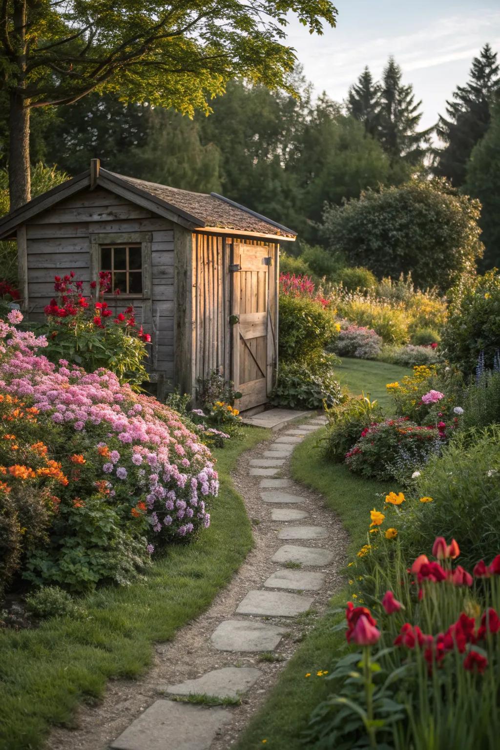 A shed beautifully integrated into its garden surroundings.