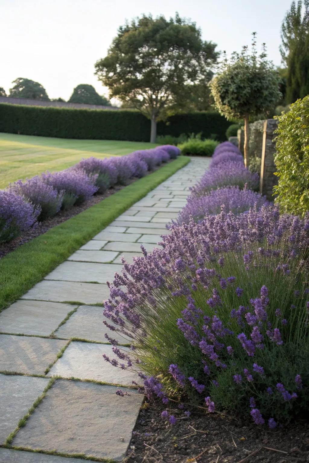 A fragrant lavender hedge creates a stunning and deer-resistant border along a garden path.