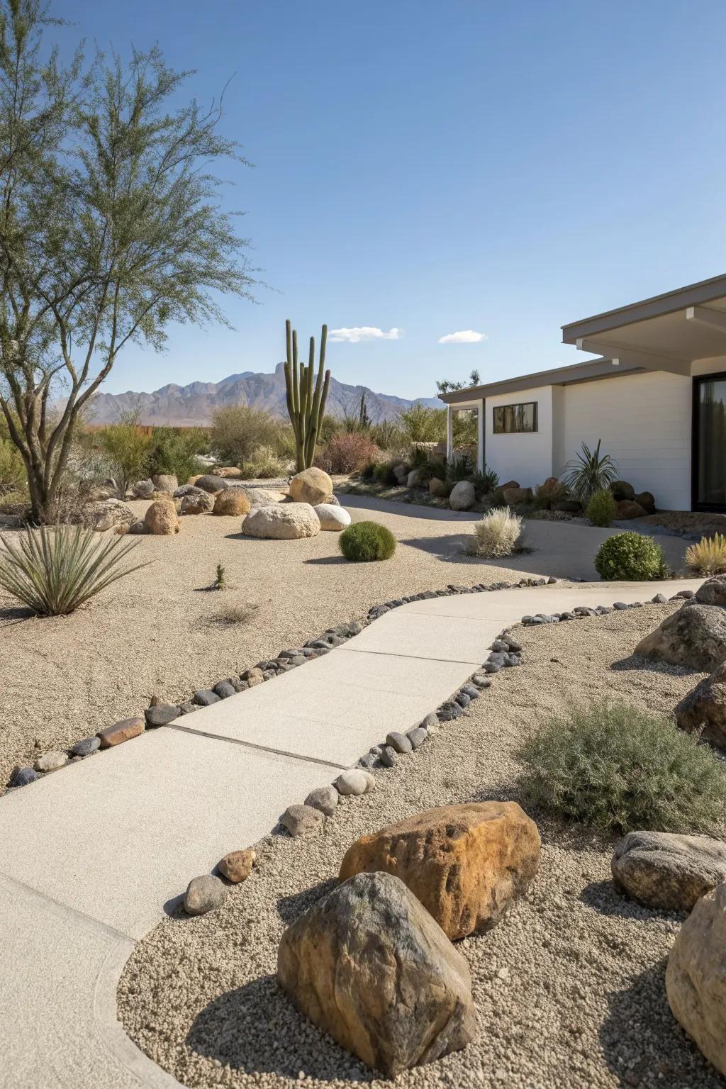 Gravel and rocks create a sleek, modern desert front yard that conserves water.