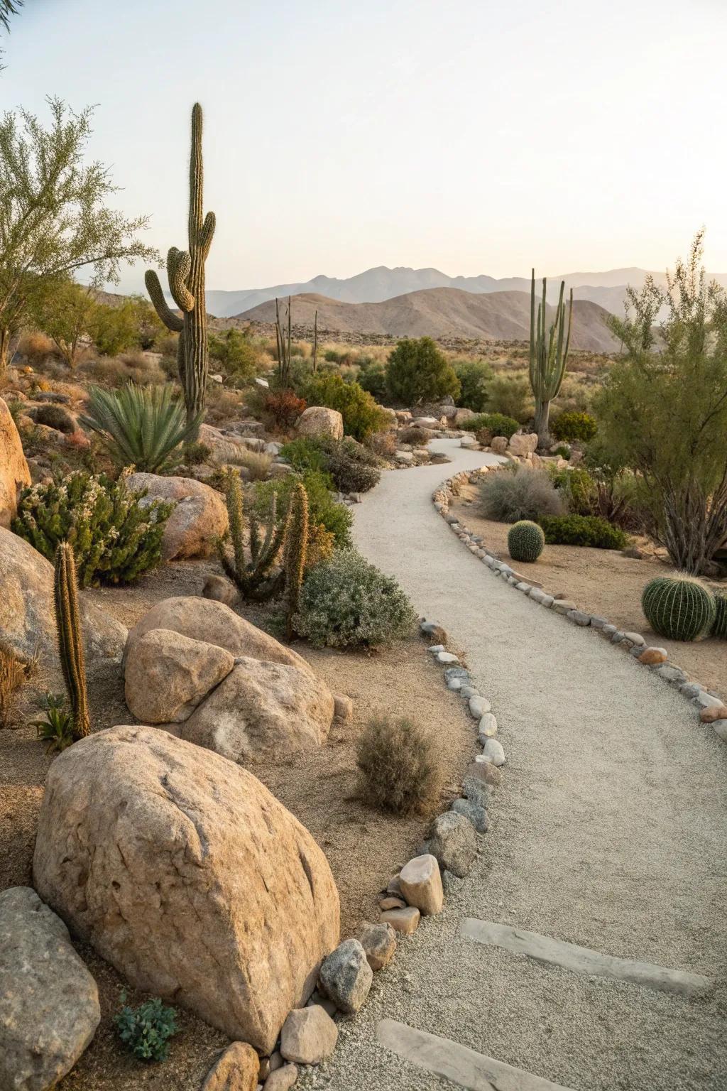 Gravel pathways and rocks create a calming desert landscape.