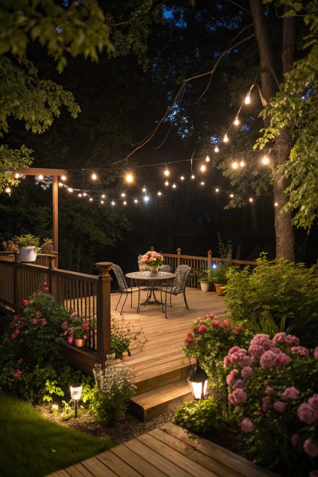 Creative lighting transforms a deck into a magical evening retreat.