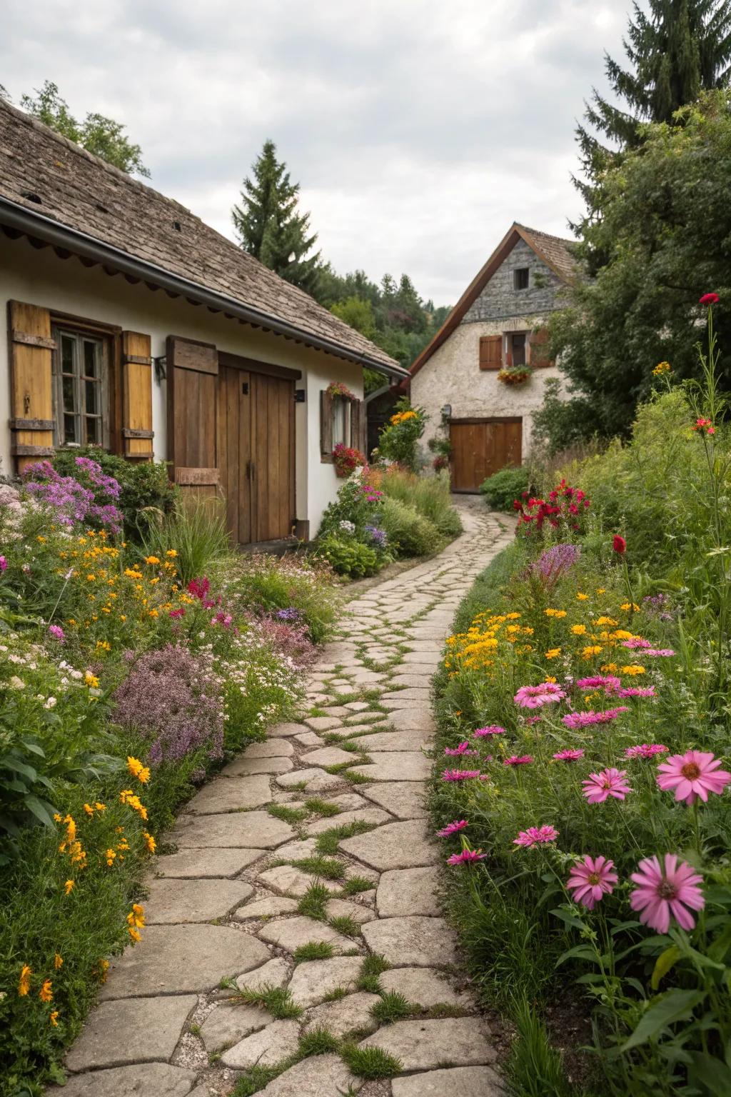 A rustic stone walkway lined with wildflowers connecting a house and garage.