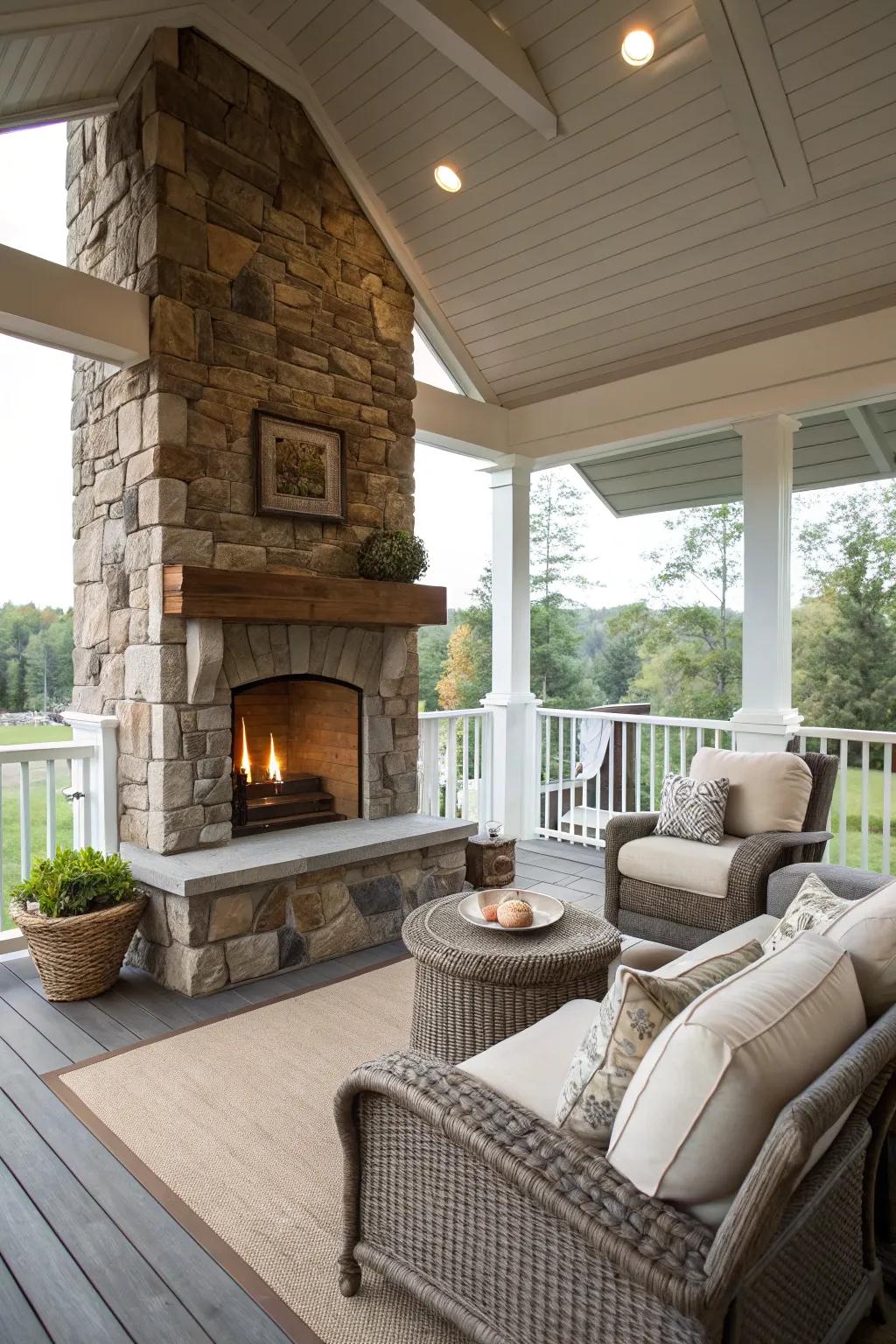 Enjoy warmth and ambiance with a fireplace porch.