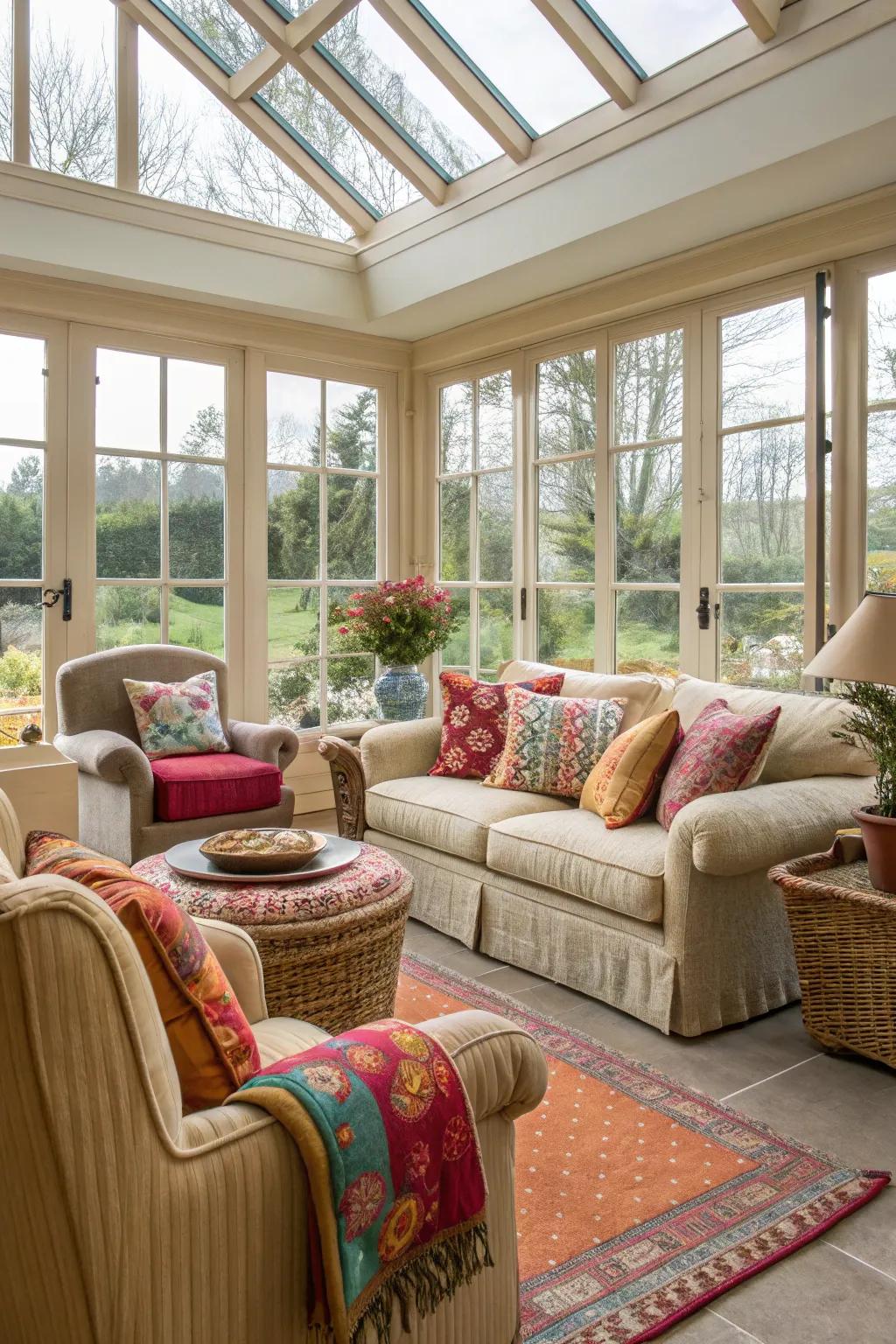 Inviting sunroom with cozy seating arrangements.