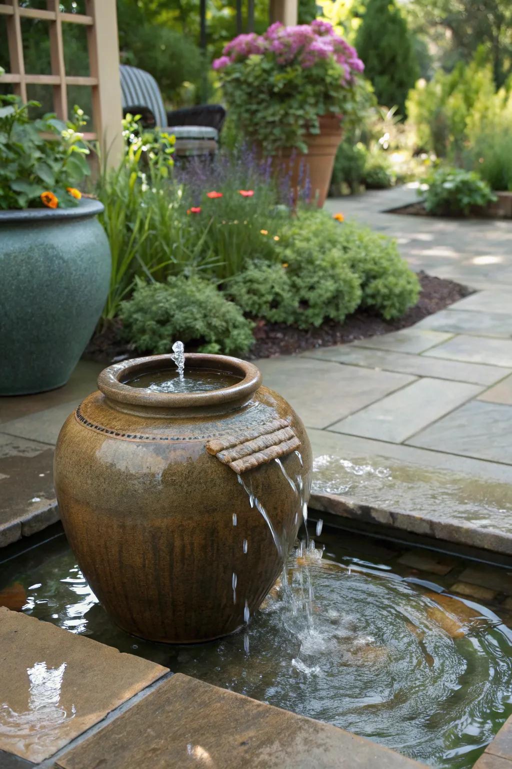 A glazed pot serves as an elegant disappearing fountain on a cozy patio.
