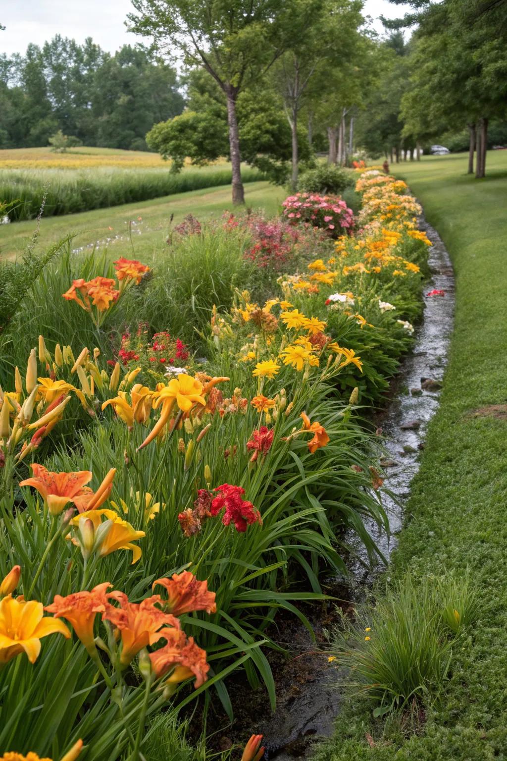 Add a touch of color with flowering plants along your ditch.