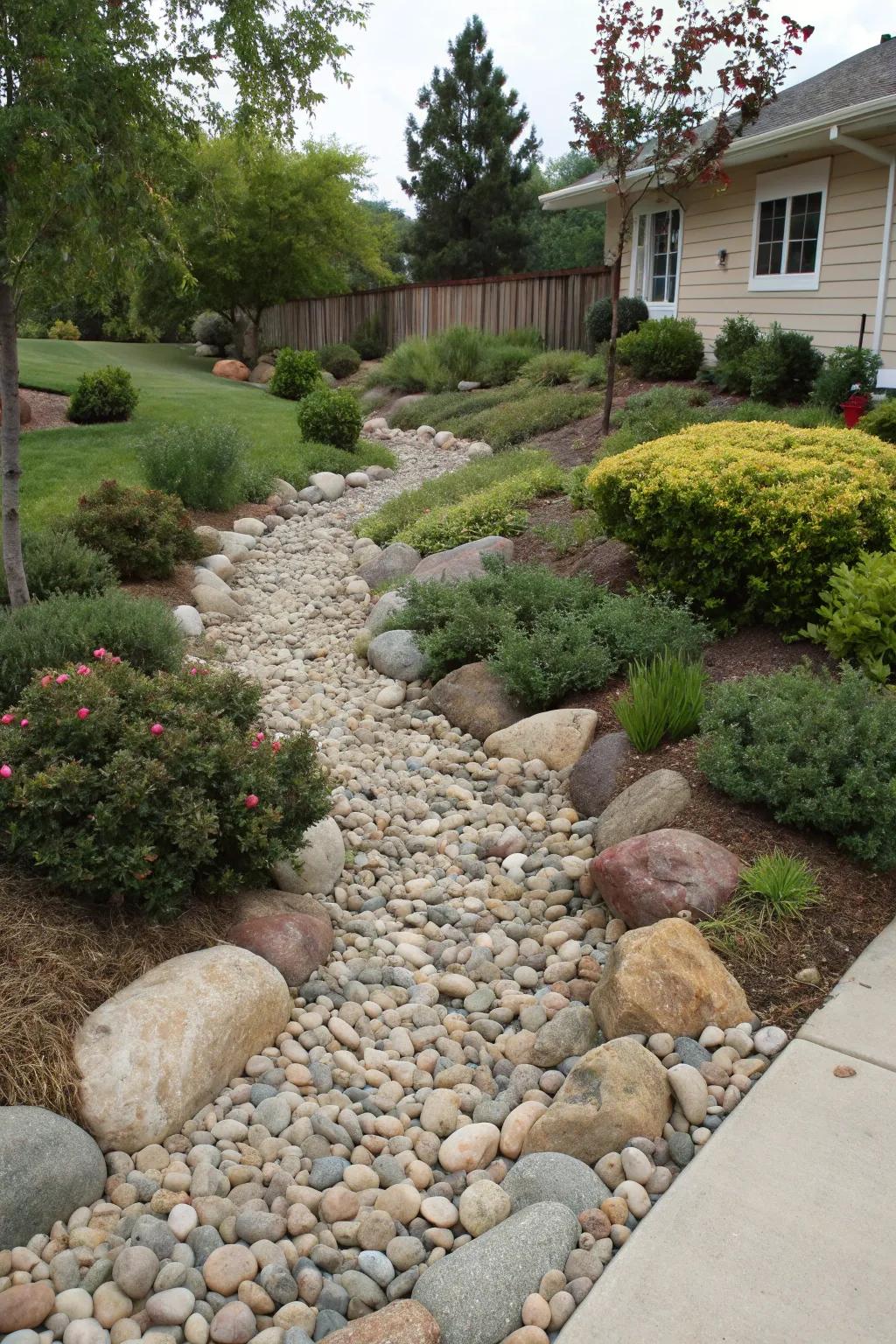 A dry creek bed adds beauty while guiding water.