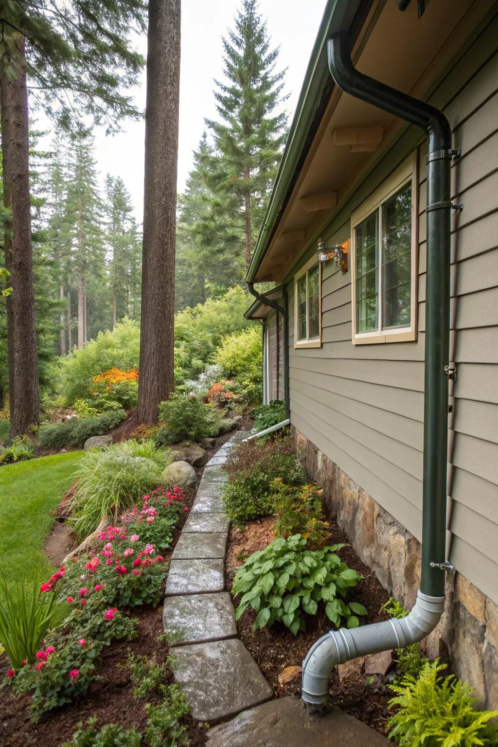 Downspout extensions effectively guide water away from this home's foundation.