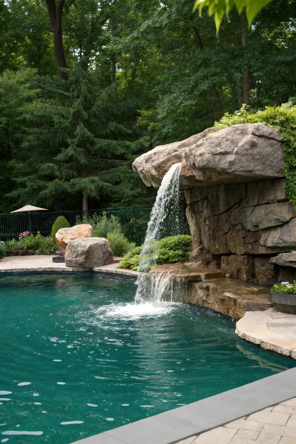 A diving rock with an integrated waterfall, creating a serene ambiance.