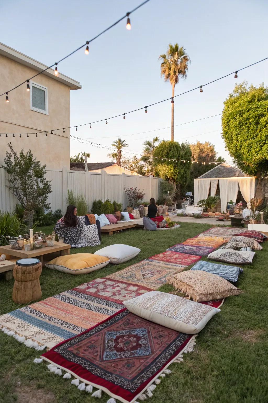 Cozy boho floor seating adds a casual elegance to your party.