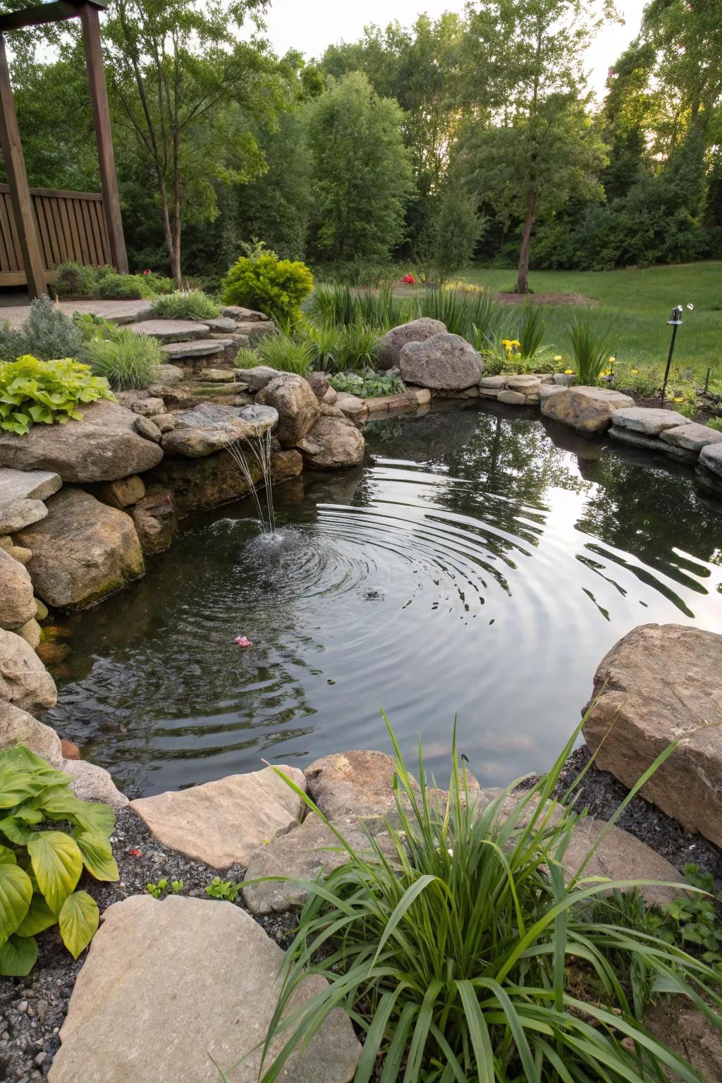A seamless blend of nature with a rock-surrounded pond.