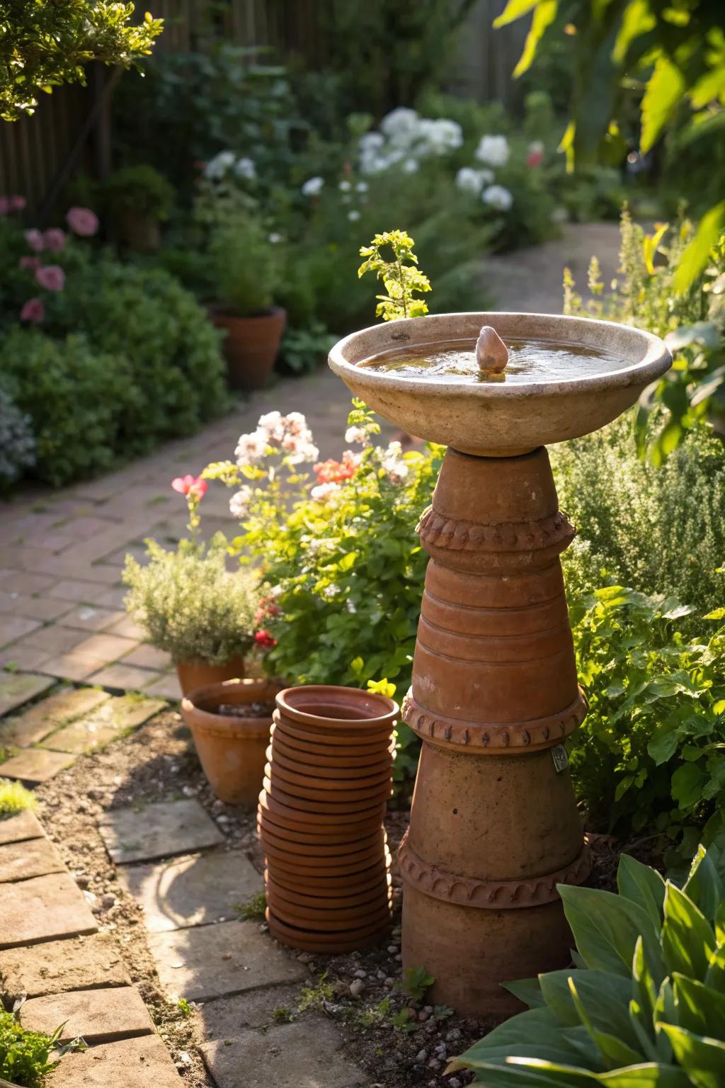 Create a rustic focal point with a simple clay pot birdbath.