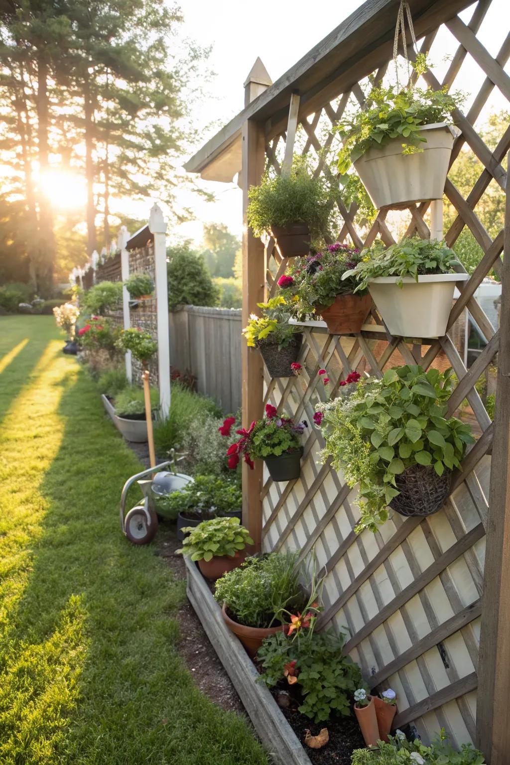 Add life and color to your lattice fence with a vertical garden setup.