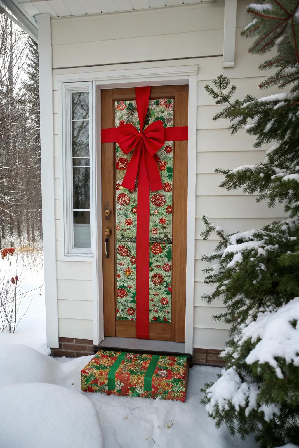 A door transformed into a festive Christmas gift.