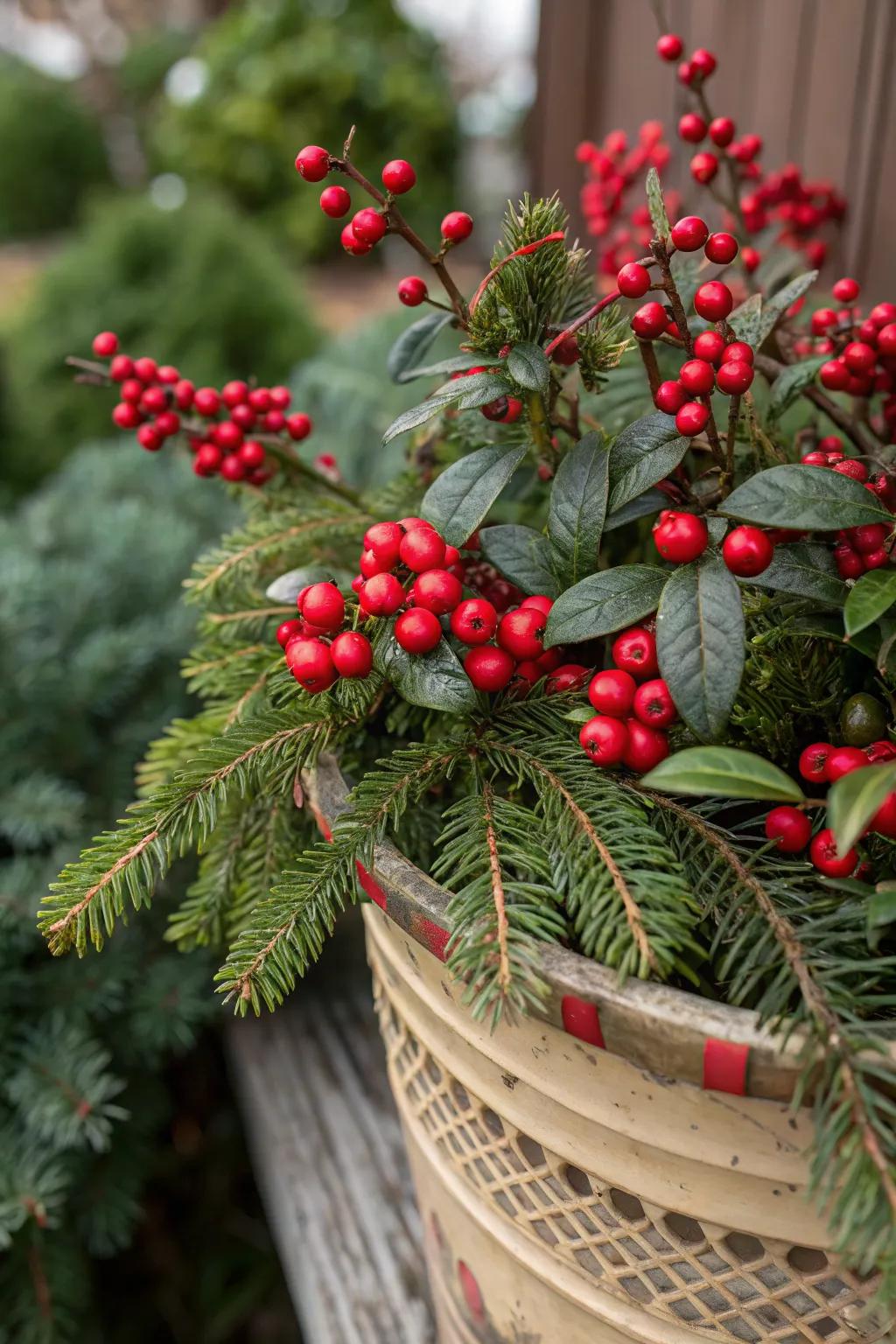 Red berries add a vibrant touch to your holiday planter.