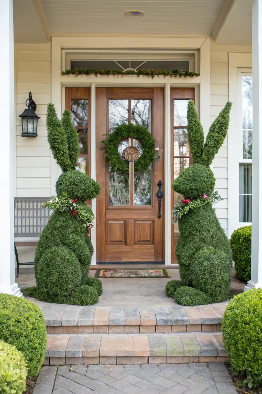 Bunny topiaries bring a whimsical feel to your porch.