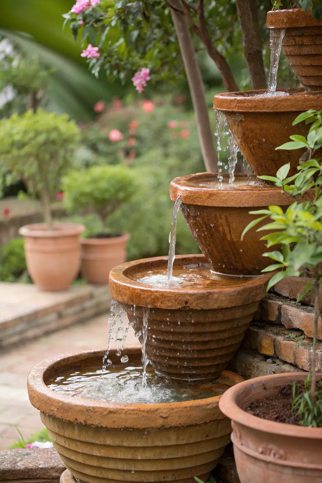 Create a tiered pot fountain for a classic garden touch.