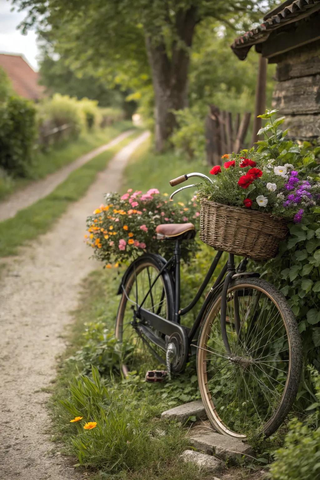 A vintage bicycle becomes a delightful focal point with blooming flowers.