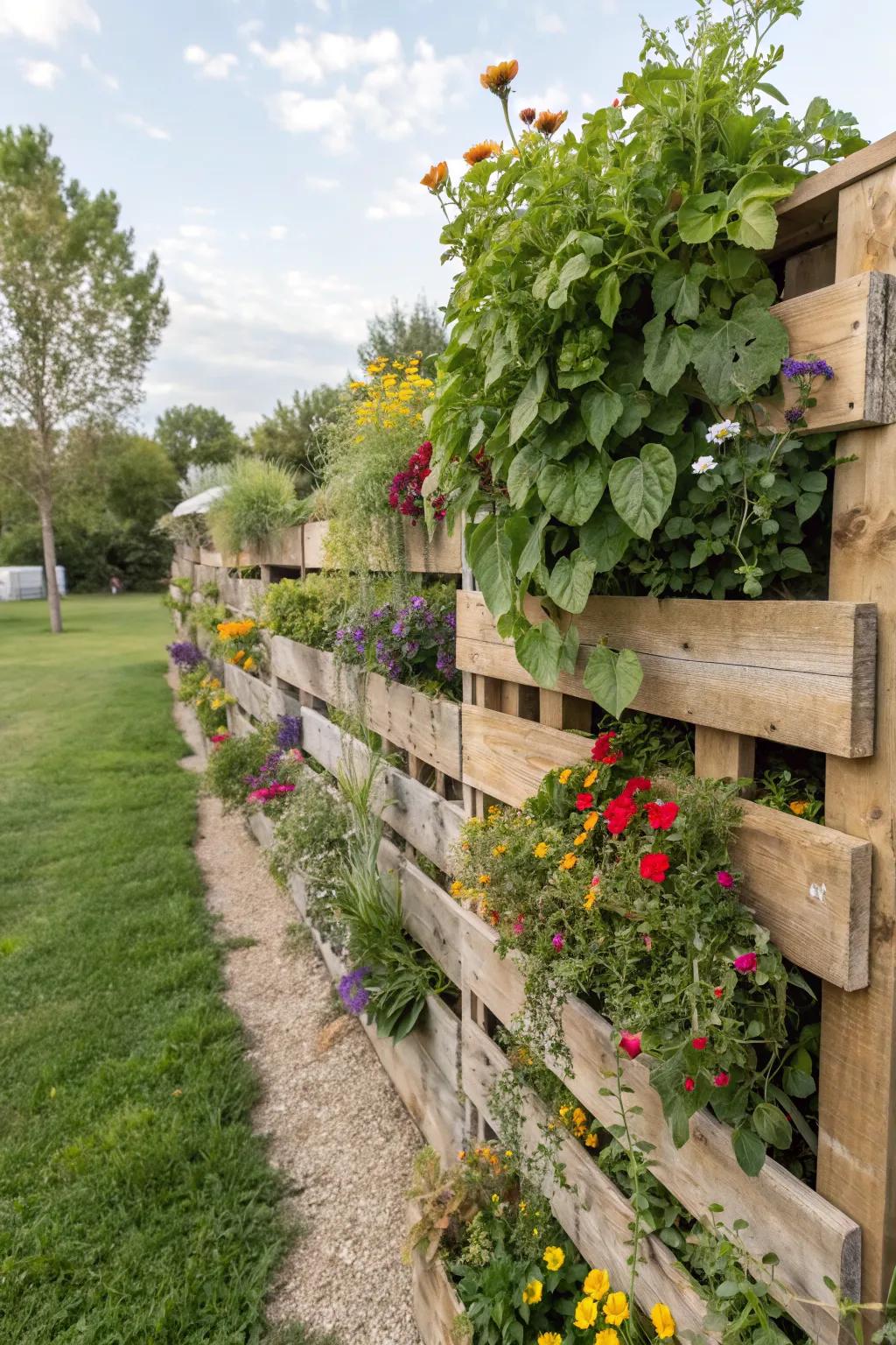 Create a living wall with a vertical garden pallet fence.
