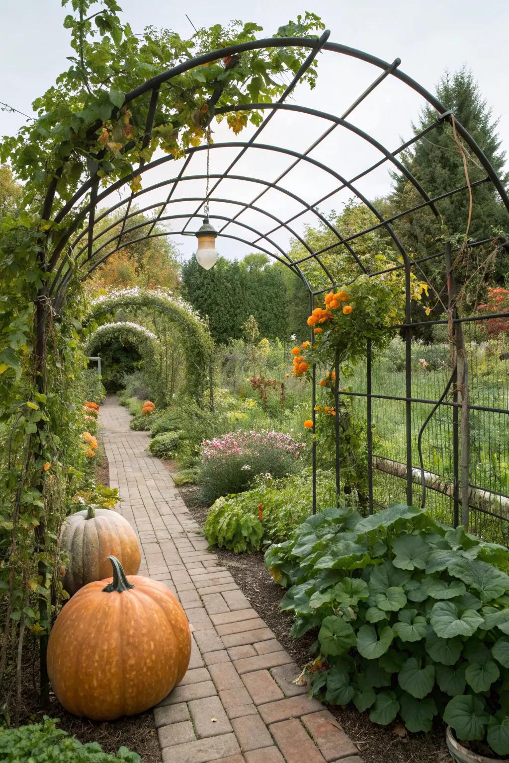 Hog panel archways combine strength with beauty for your pumpkin growth.