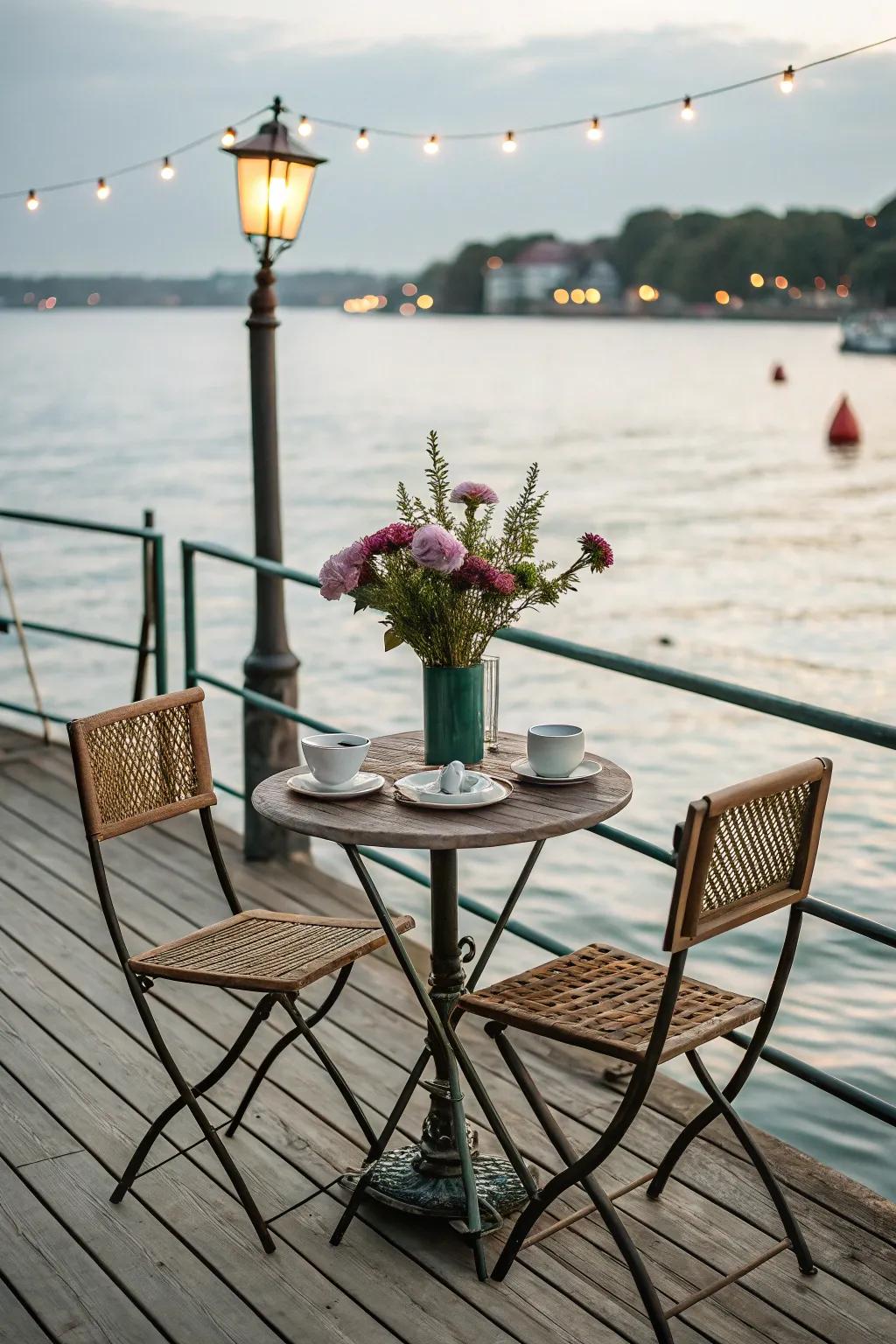 Enjoy intimate meals by the water with a charming bistro set.