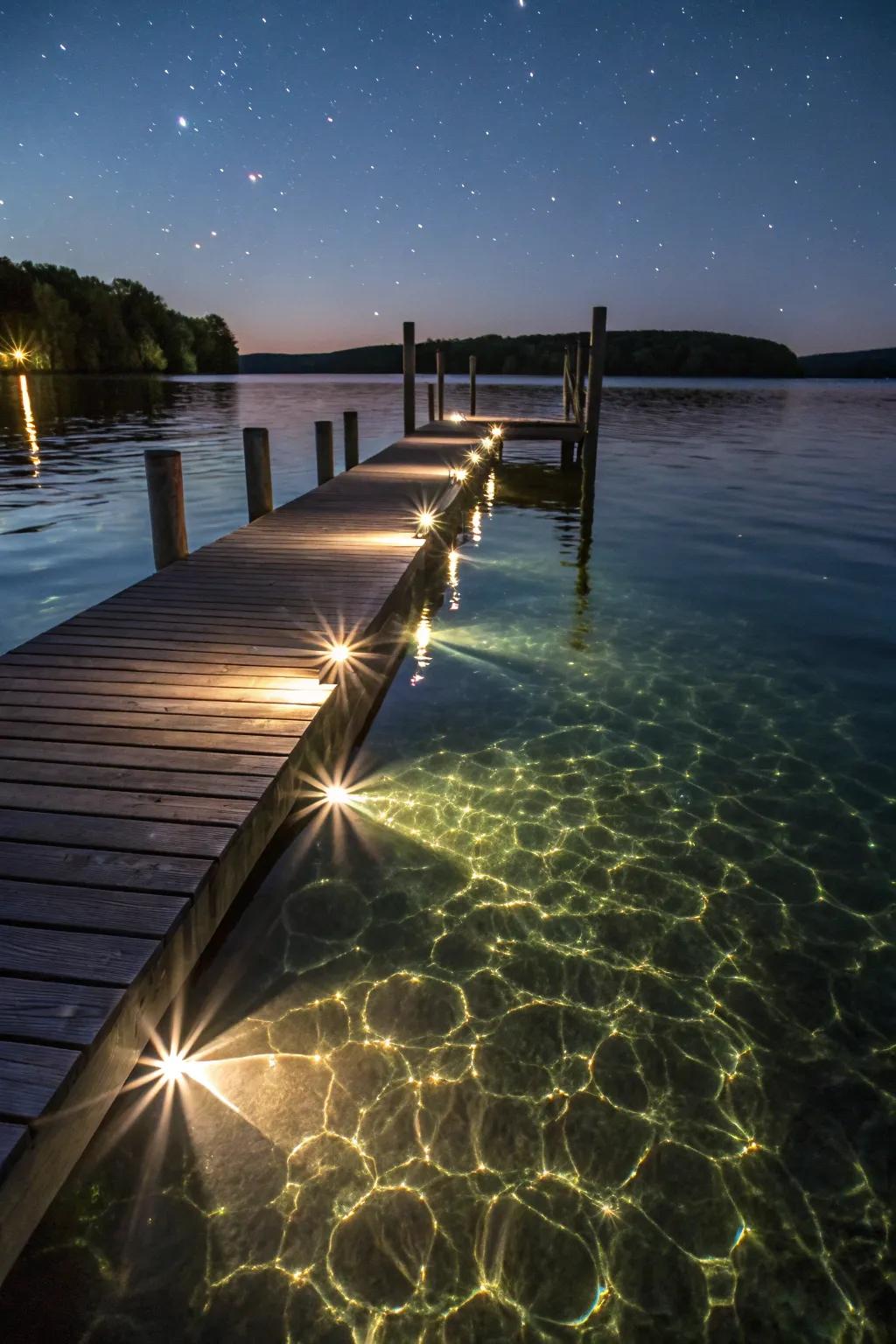 Underwater lights casting an ethereal glow under a dock.