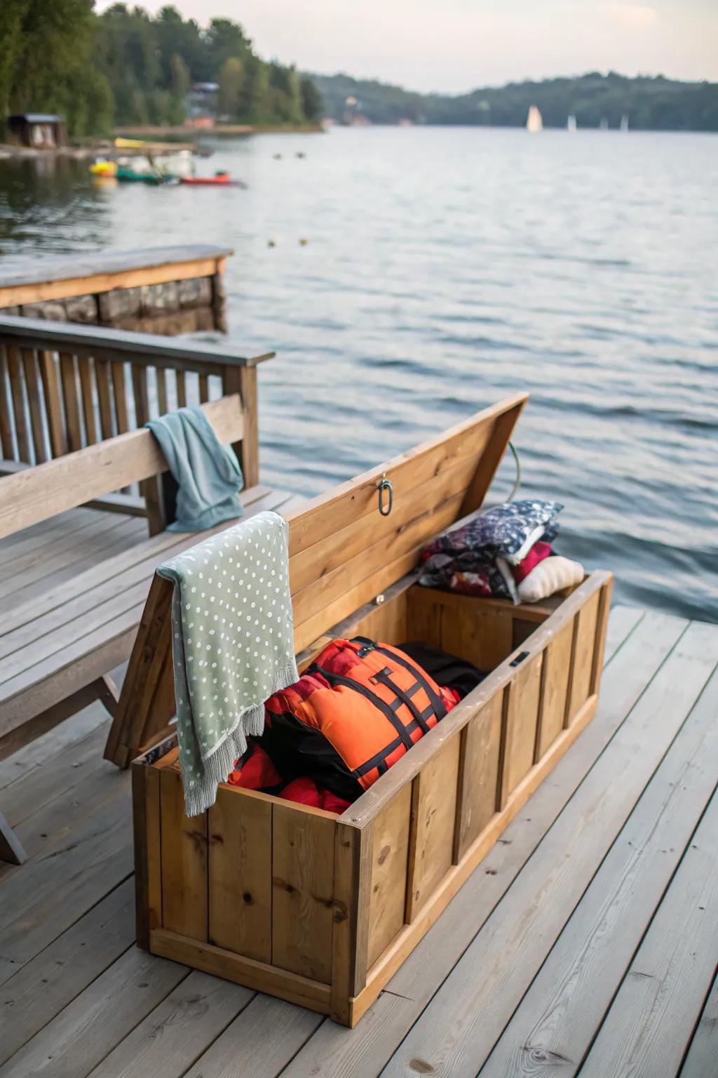 A storage bench provides a comfy seat and hidden storage on your dock.