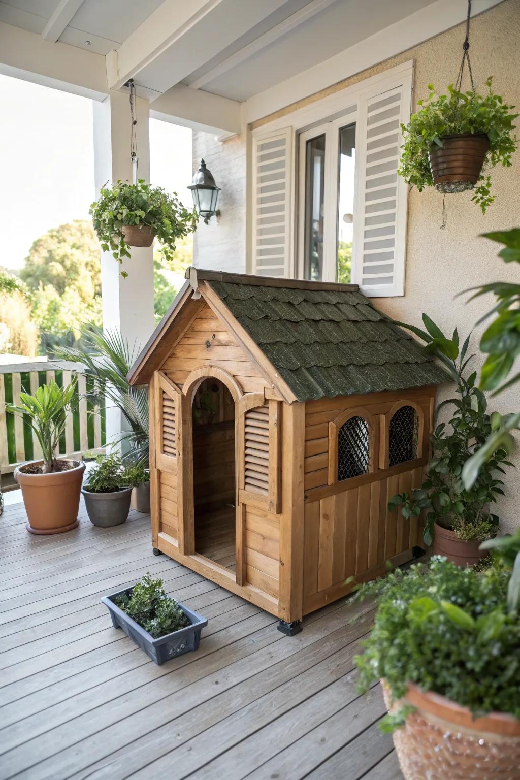 A stylish dog house blends seamlessly with porch decor.