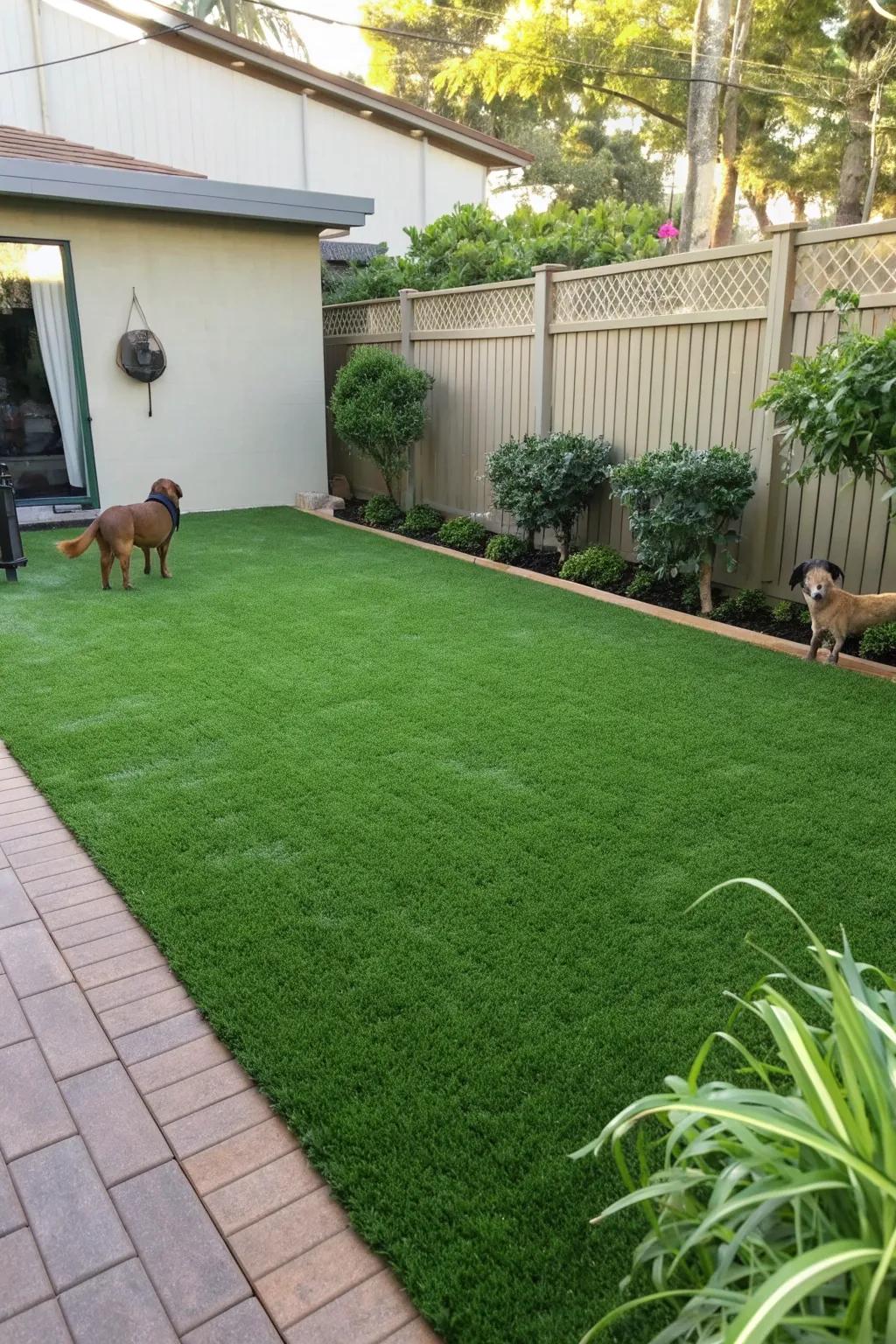 Synthetic turf offers a no-fuss solution for a green, dog-friendly lawn.