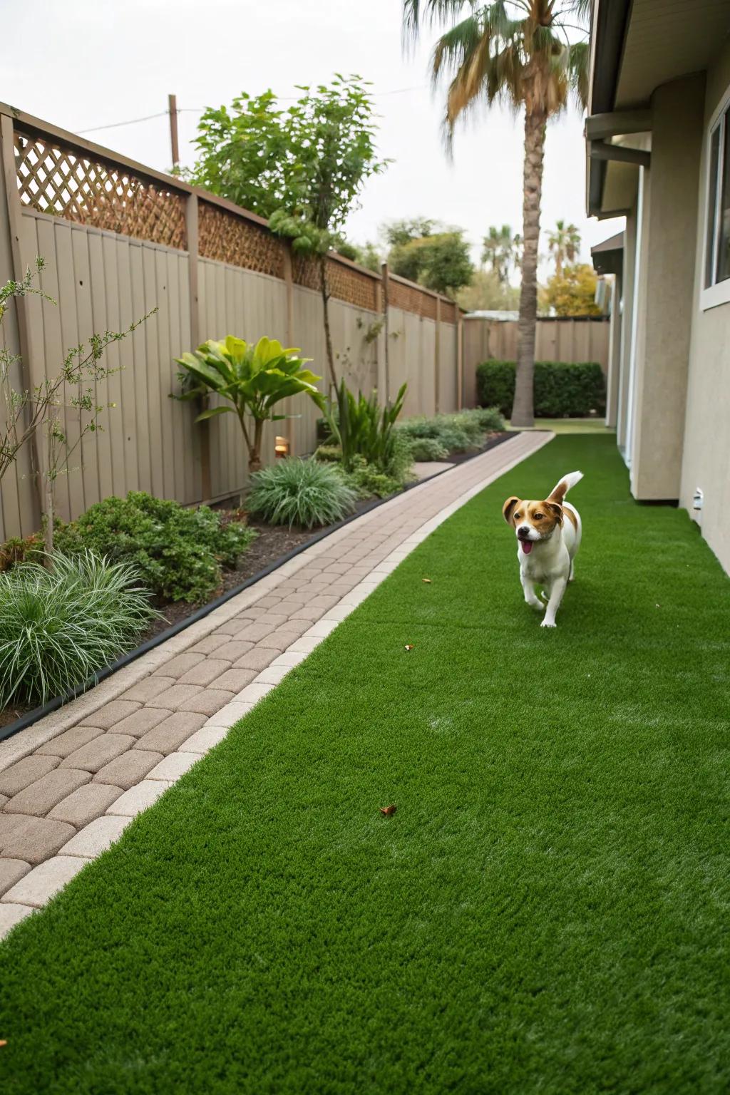 Artificial turf keeps the dog run clean and green all year round.