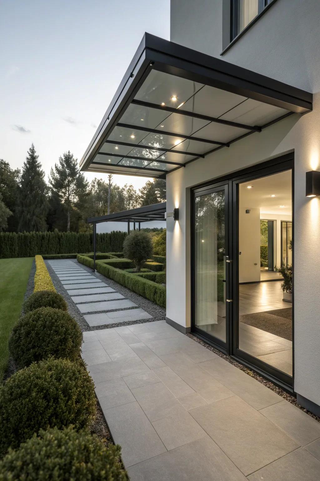 Modern metal awnings provide a sleek and stylish entrance.