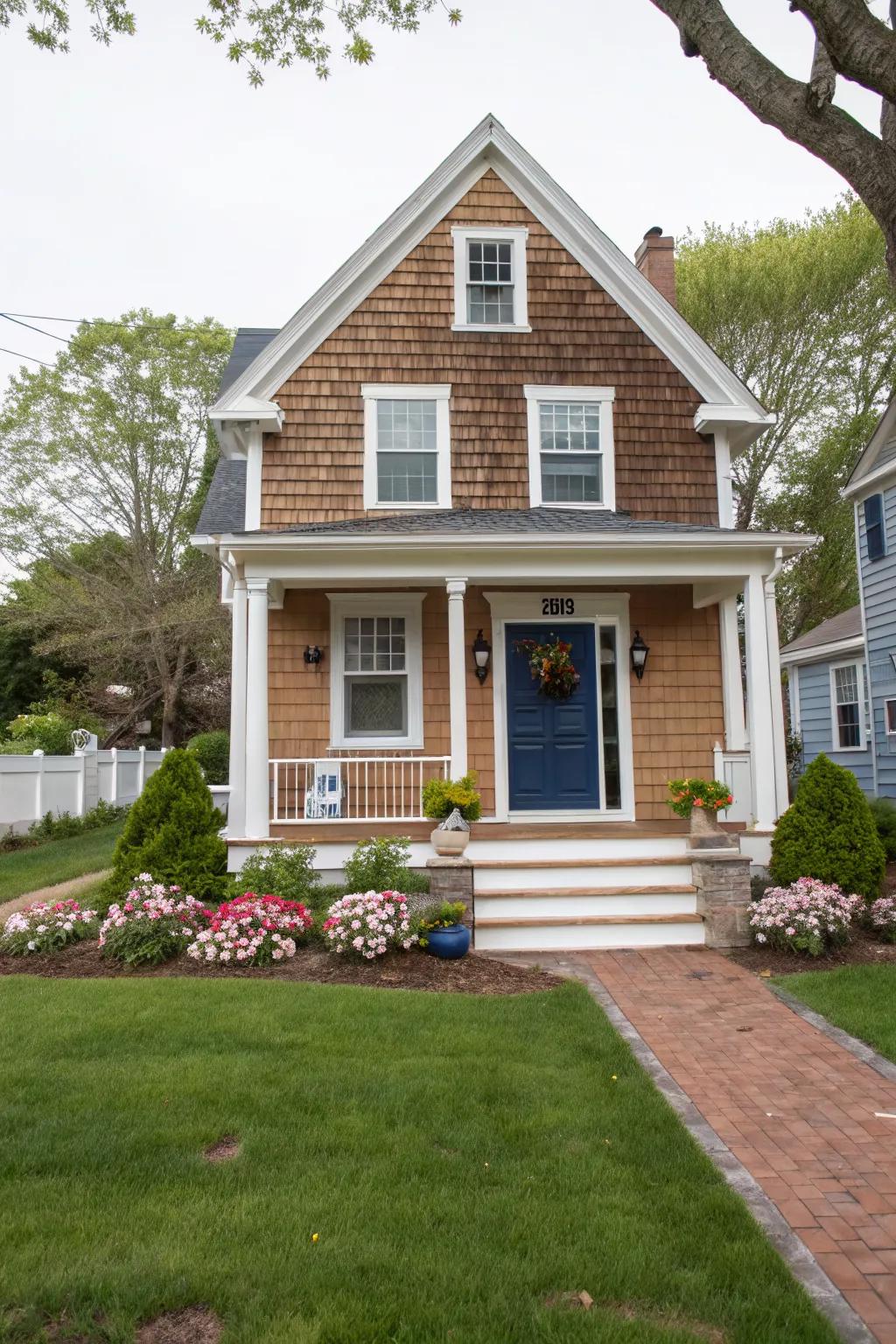 Navy blue doors provide a sophisticated touch to brown homes.